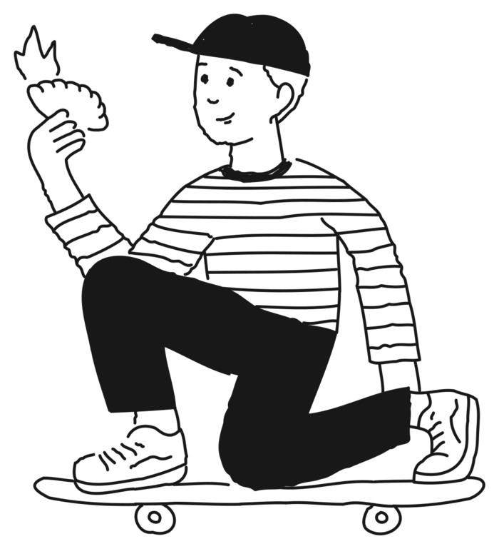Ilustración de la marca: chico en skate sosteniendo una empanada caliente